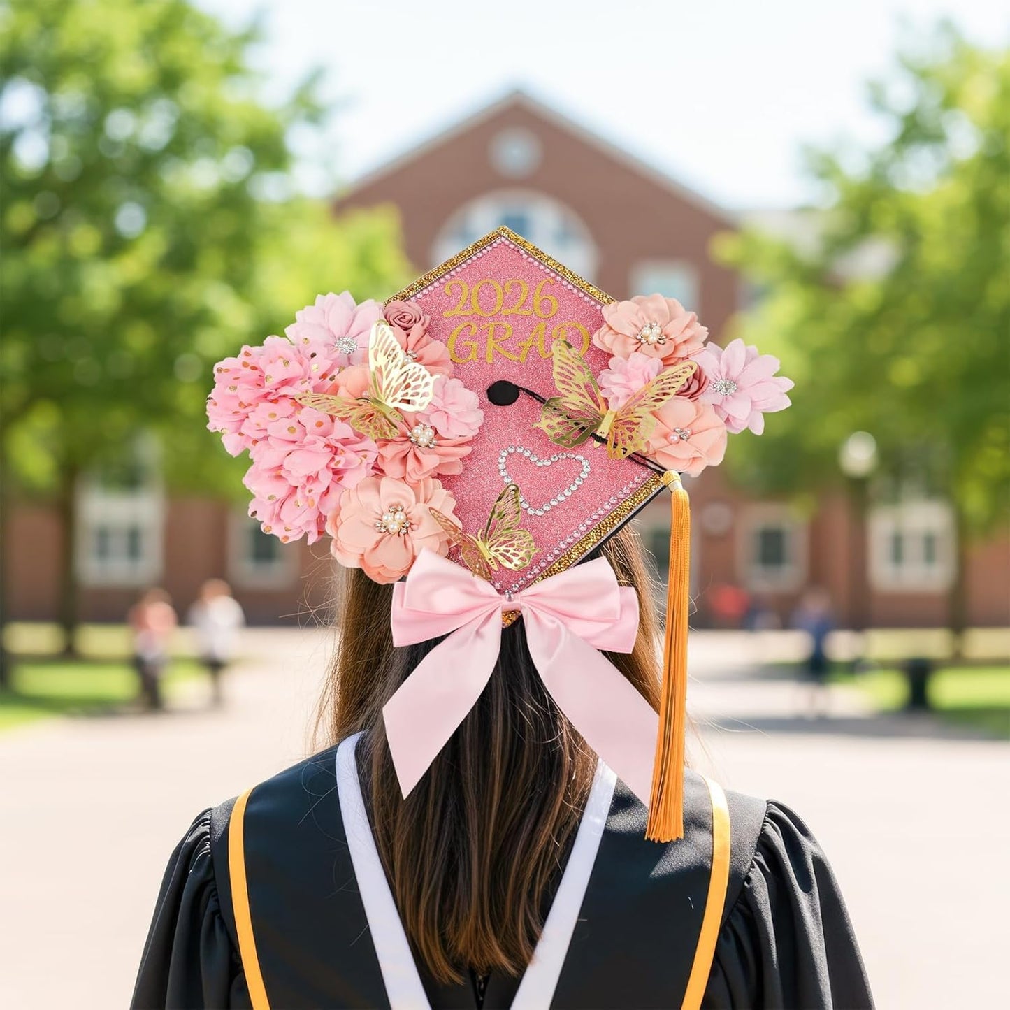 Graduation Cap Decorations Kit 2026 - DIY 36PCS Floral & Rhinestone Set | Pink 3D Butterflies & Alphabet Stickers