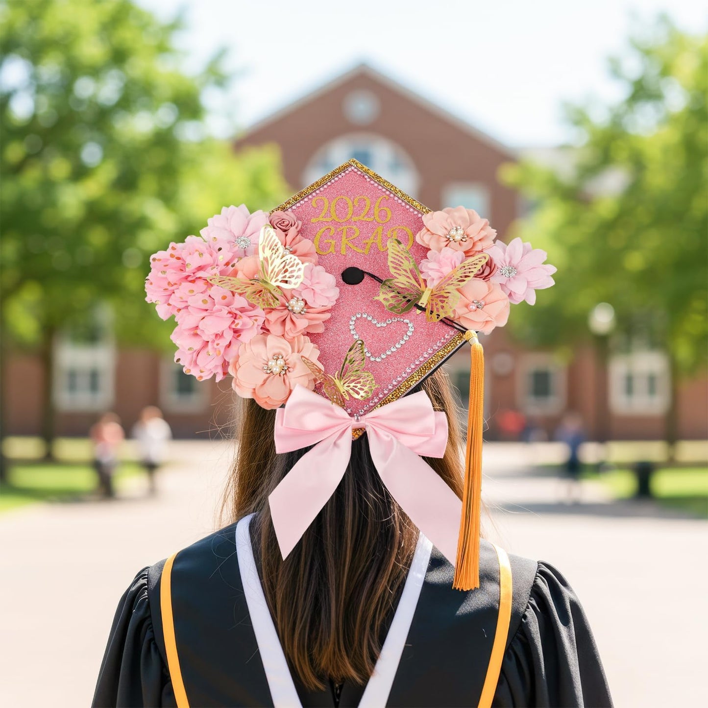 Graduation Cap Decorations Kit 2026 DIY Cap Decorations 36PCS Included Fake Flowers Heads Bow 3D Butterfly Self Adhesive Rhinestones Stickers Alphabet Letter Stickers for Grad Party Decor, Pink