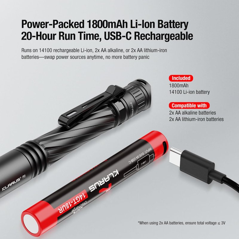 klarus P2 Tactical Pen Light, 1000 Lumens 886ft Throw, USB-C Rechargeable or 2AA Compatible, IPX8 Waterproof Small EDC Pocket Flashlight for Office Home Security