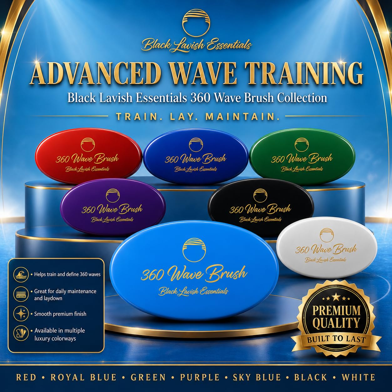 360 Wave Brush - Soft Boar Bristle for Deeper Waves | Curved Design, Medium-Hard, Sky Blue