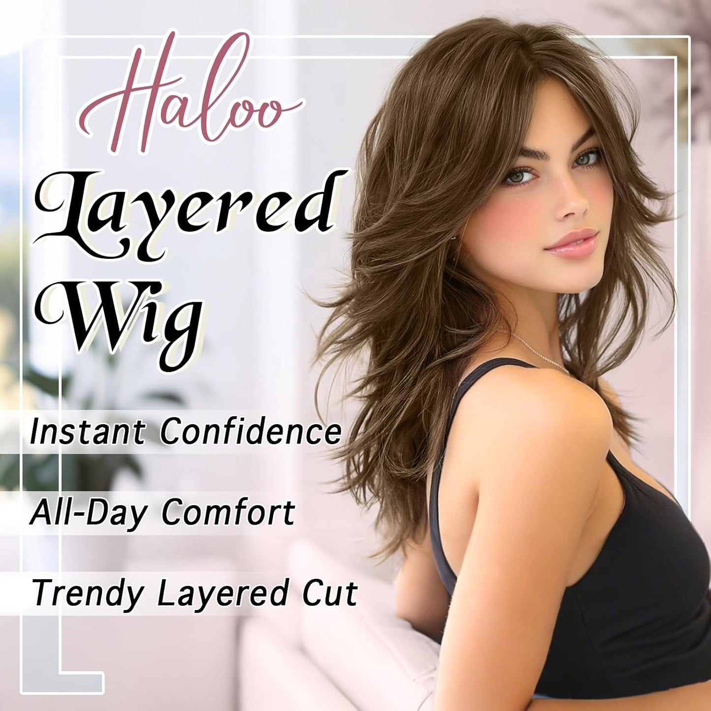 Brown Layered Wigs - Lace Front Hairline with Curtain Bangs | 20 Inch Long Wavy Synthetic Wig for Women
