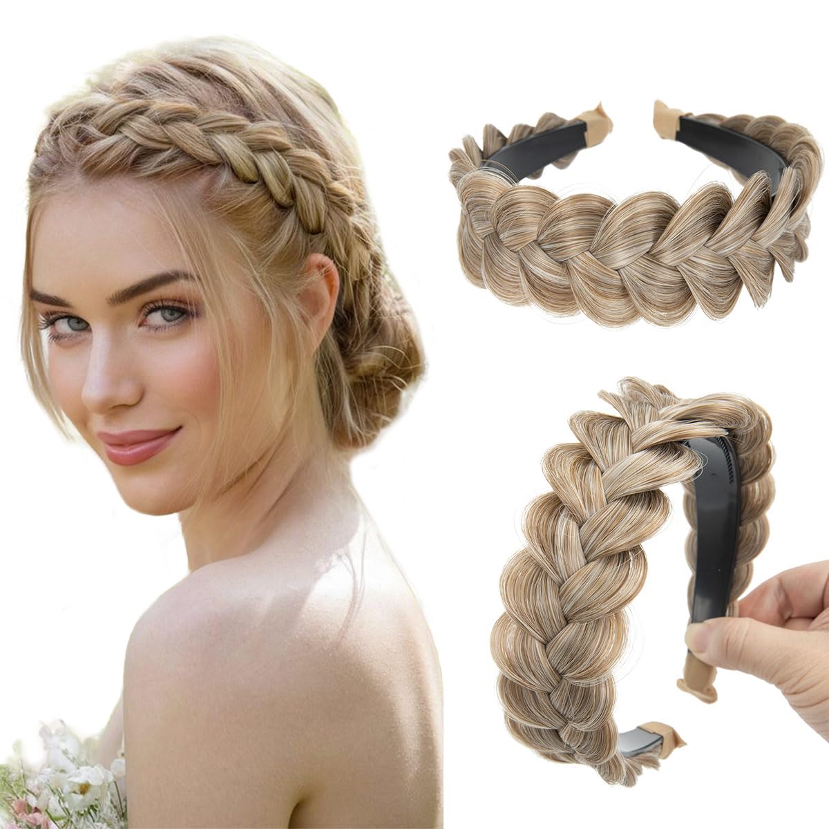 Braided Headbands for Women - Handmade Synthetic Hair Hoops with Teeth | Sand Color, 1PC