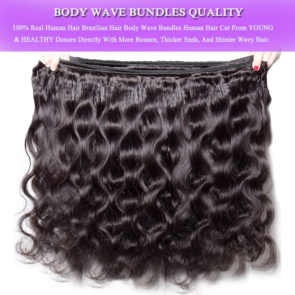 ALLRUN Body Wave Bundles with Closure Human Hair 12 14 16Inch+10Closure Body Weaves 3 Bundles and Closure Free Part 100% Unprocessed Virgin Brazilian Hair Natural Black Color
