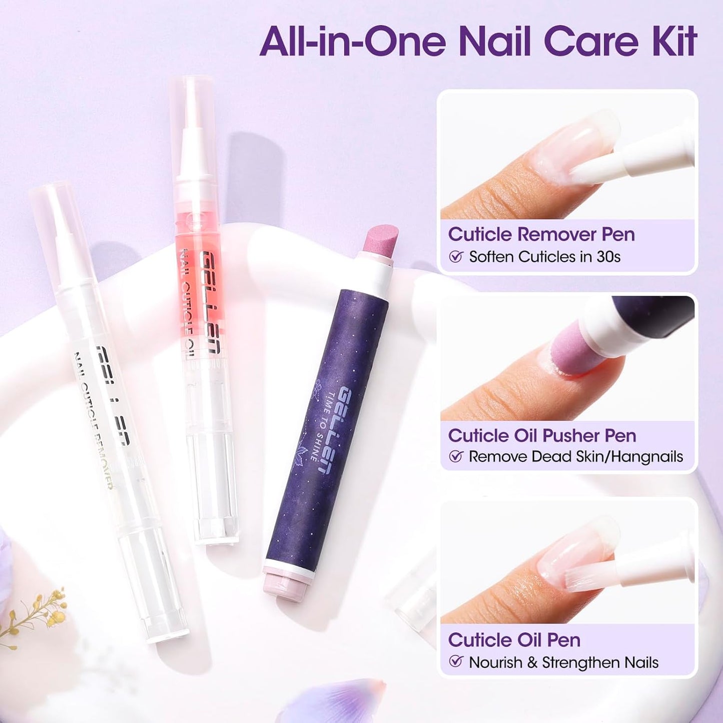 Gellen Cuticle Pusher Oil Pen Set - 3 Pcs Ceramic Cuticle Remover & Moisturizing Oil for Home & Salon Care