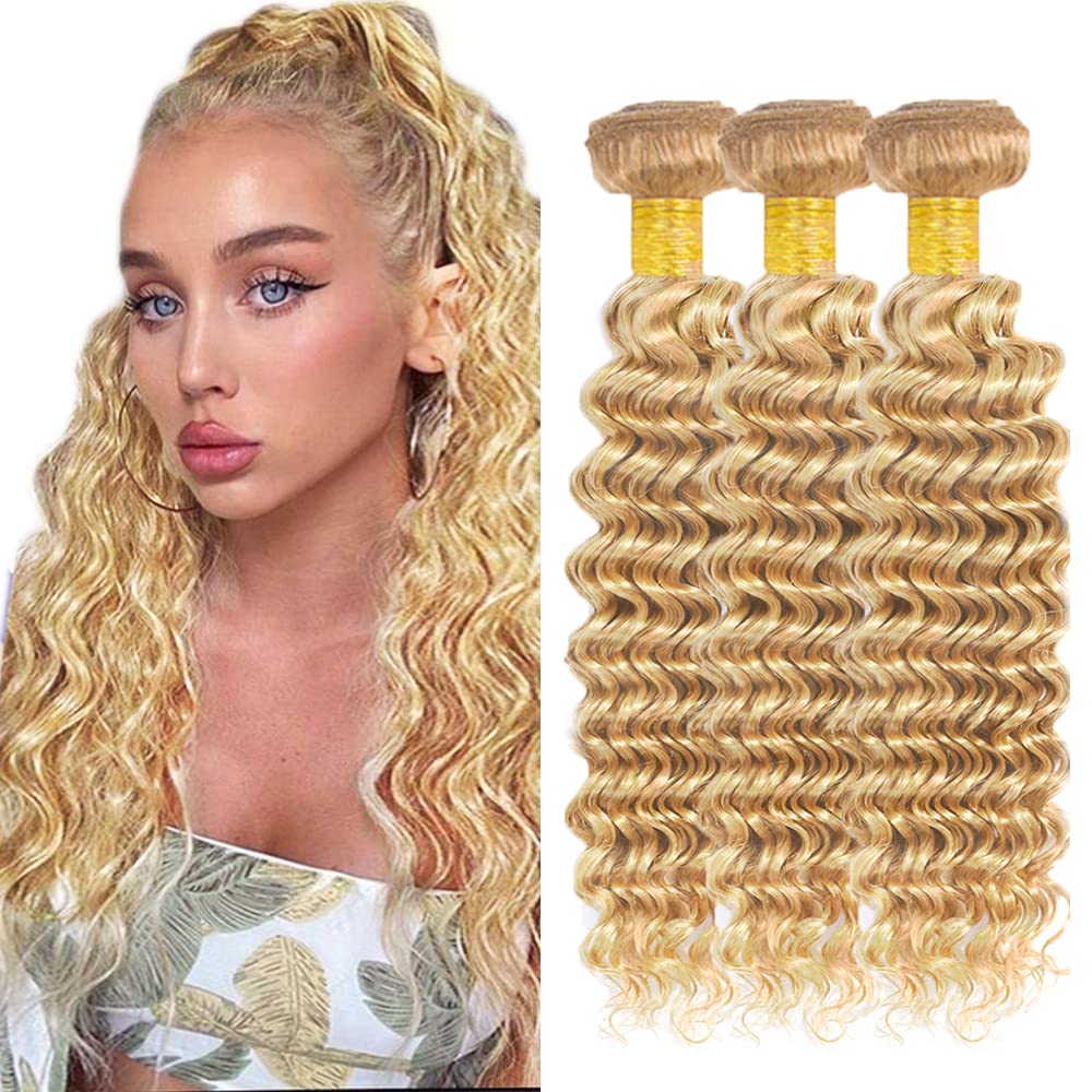 P27/613 Highlight Blonde Bundles Human Hair Deep Wave Bundles 26 26 26 Inch Honey Blonde Deep Wave Bundle Unprocessed Brazilian Virgin Weave Hair 3 Bundle 50 Gram Per Bundle