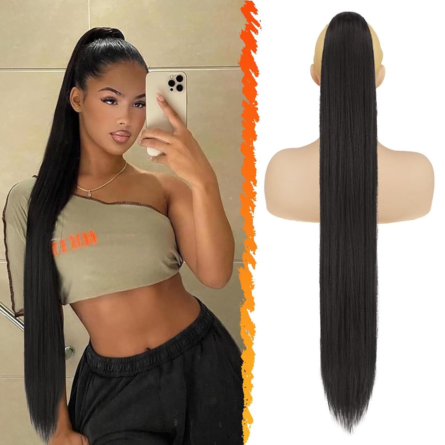 Long Straight Ponytail Extension - 26 Inch Brown Synthetic Clip-In Hairpiece for Women | Light Brown Mixed