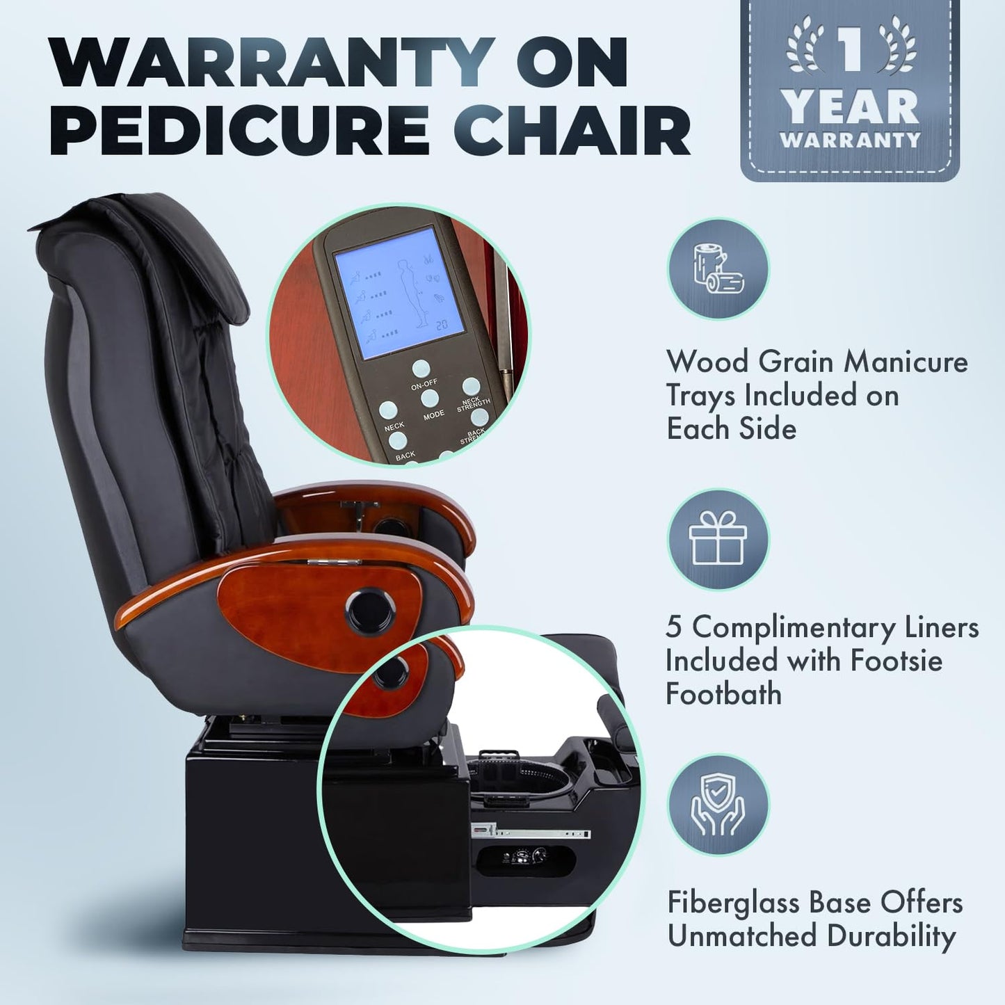 Pibbs PS42 Plumb-Free Fiberglass Pedicure Spa, Footsie Bath, Full Roller Massage, Reclining Back, Liners, Adjustable Footrest & Manicure Trays, No Plumbing, PIB-PS-42-BLK