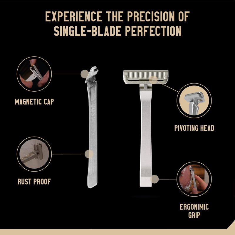 Proof Benchmark 1.0 Single Blade Razor for Men, Machined Aluminum Metal, Made in USA Single Edge Safety Razor with Pivoting Head & Magnetic Cap for Easy Blade Replacement, Includes Leather Case