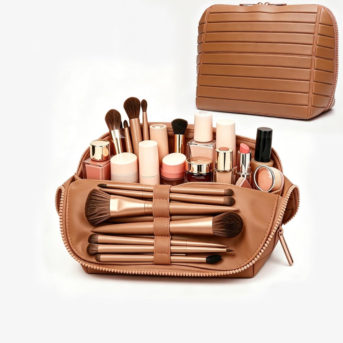 Travel Makeup Bag - Fold-Down Design with Adjustable Dividers | Brown Cosmetic Organizer