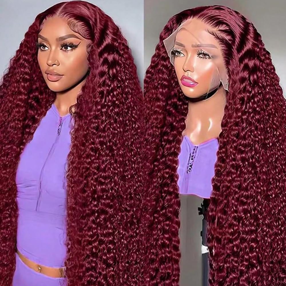 Burgundy 250 Density Human Hair Wig - 30 Inch 13x6 Deep Wave Lace Front | Pre-Plucked HD Transparent Lace Frontal for Women