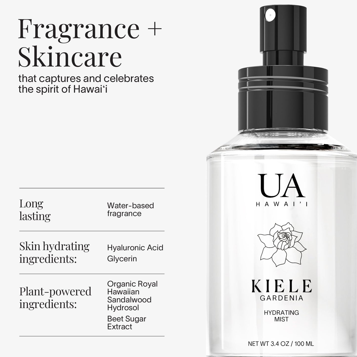 Kiele Gardenia Body and Hair Mist from Hawaii, Hair Perfume for a Light, Hydrating Refresh, Body Mist for Women and Men, Alcohol-Free, With Moisturizing Hyaluronic Acid & Glycerin, 3.4 oz