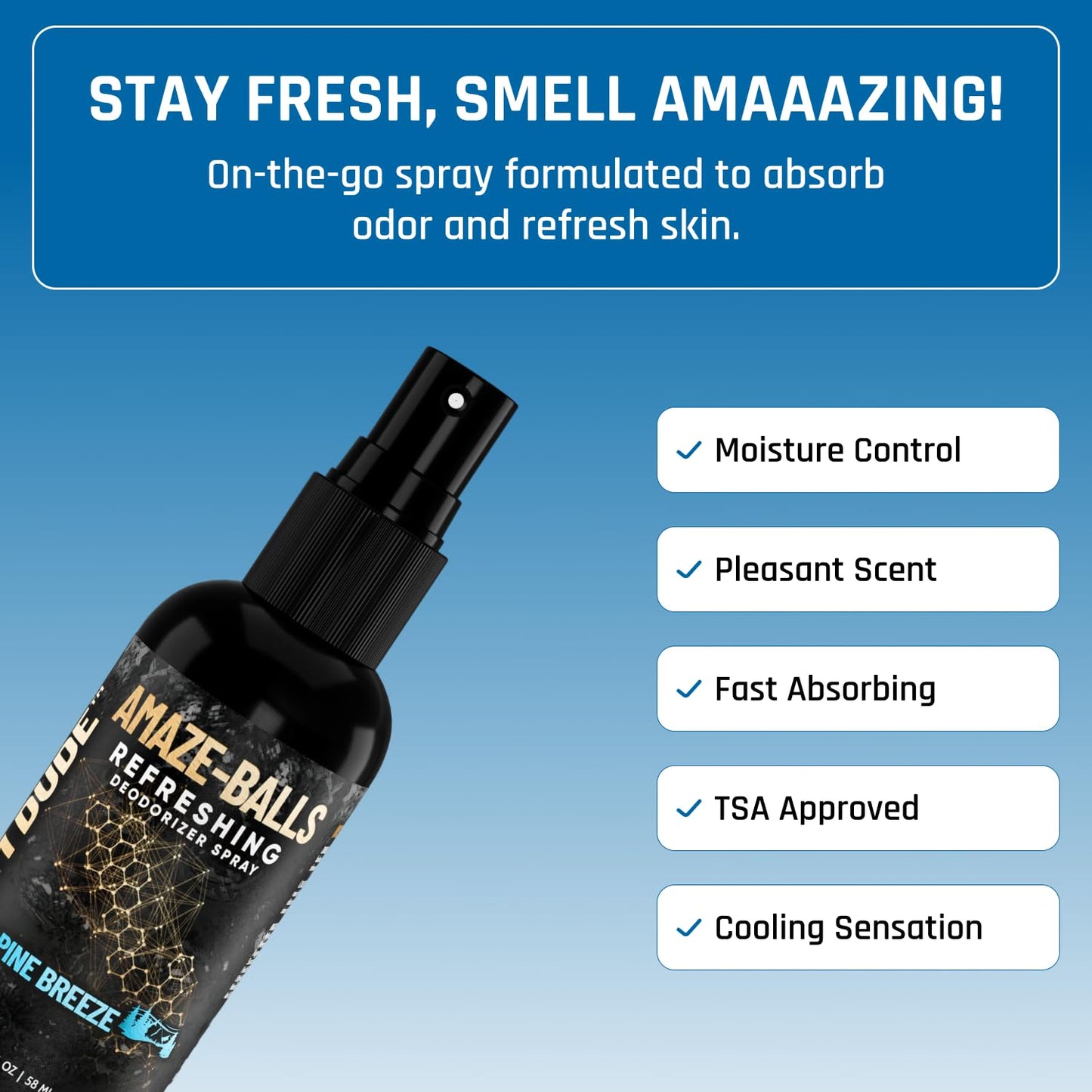 Derm Dude Amaze Ball Deodorant Spray for Men | Anti-Chafing Groin & Sack Spray with DeoPlex & Aloe Vera | Odor & Sweat Control for Private Parts | Alpine Breeze Scent, Talc-Free, 2oz