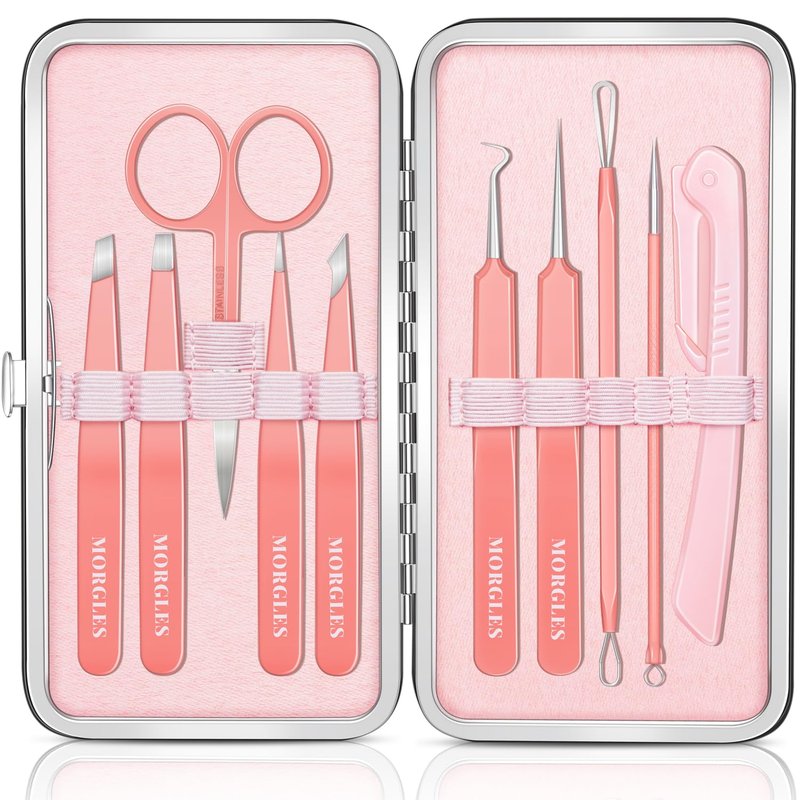 Eyebrow Tweezers for Women Facial Hair, 10 in 1 Eyebrow Kit with Pimple Popper and Blackhead Remover Tool, Ingrown Hair Tweezers Set with Travel Bag, Hair Plucking Daily Beauty Tools