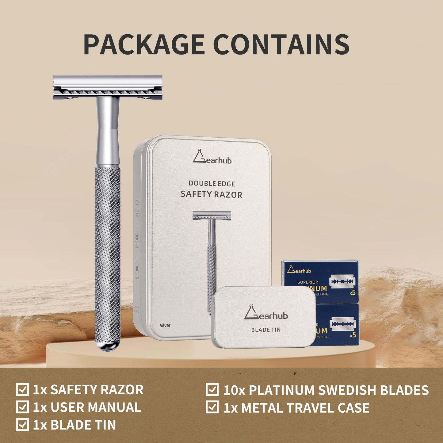 Gearhub Double Edge Safety Razor Stainless Steel Metal Reusable Wet Shaving Razor with 10 Swedish Platinum Blades for Men Women Barber Bikini Armpit Hair, Silver GRB3G
