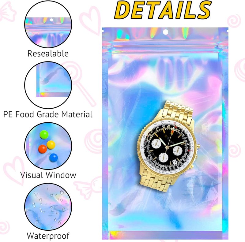Holographic Smell Proof Resealable Bags - 100 PCS Mylar Gift Bags for Food, Jewelry & Party Favors | 2.4x3.9 Inch