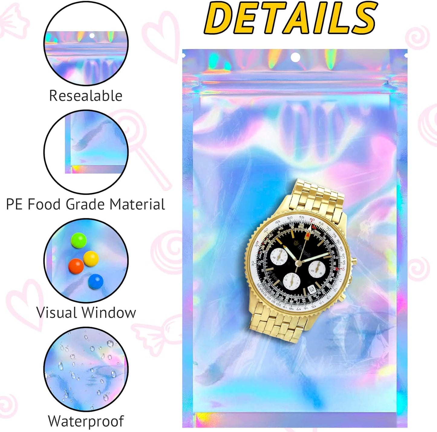 Holographic Smell Proof Bags - 100 PCS Resealable Mylar Gift Bags for Food & Jewelry | 3x5 Inch