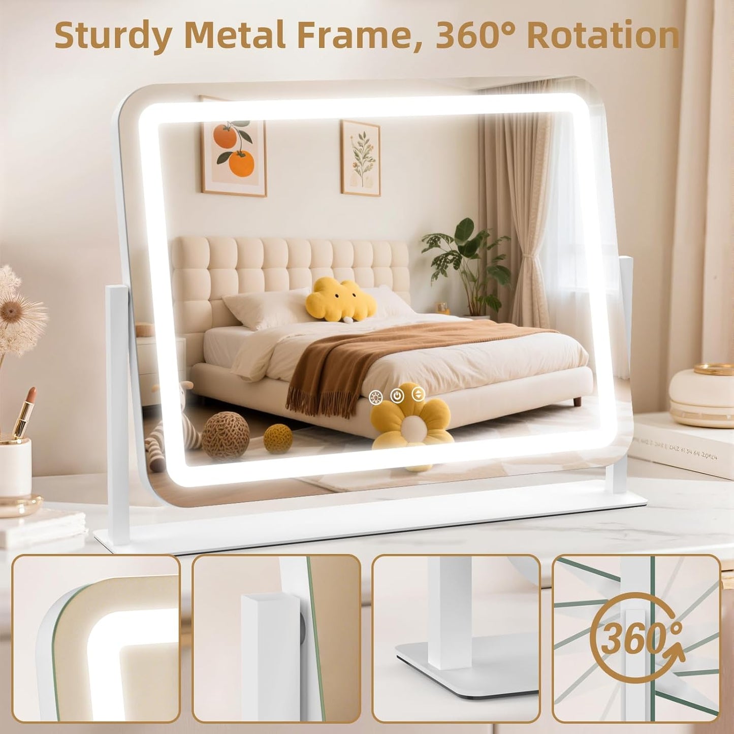 Lighted Makeup Mirror with 10X Magnification - 22"x17", Dimmable 3-Color Lights, Touch Control, 360° Rotation, Metal Frame, Perfect Women's Gift, White