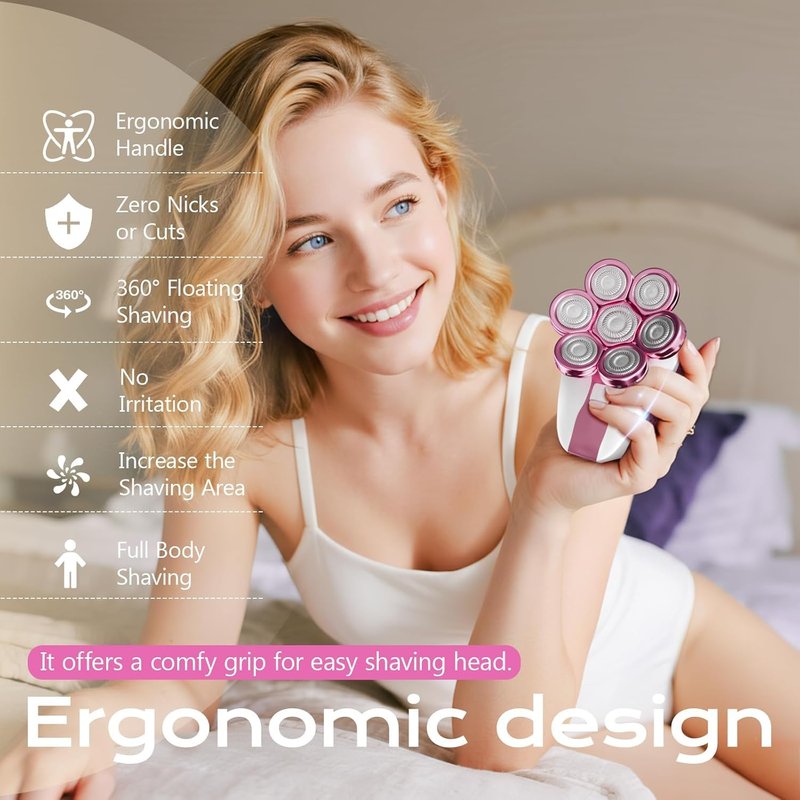 Electric Shaver for Women Legs, IPX7 Waterproof Rechargeable Body Razors with 7-Blade, Facial Hair Remover, Nose Trimmer & Cleansing Brush, Wet/Dry Lady Bikini Trimmer Grooming Kit Gift for Her
