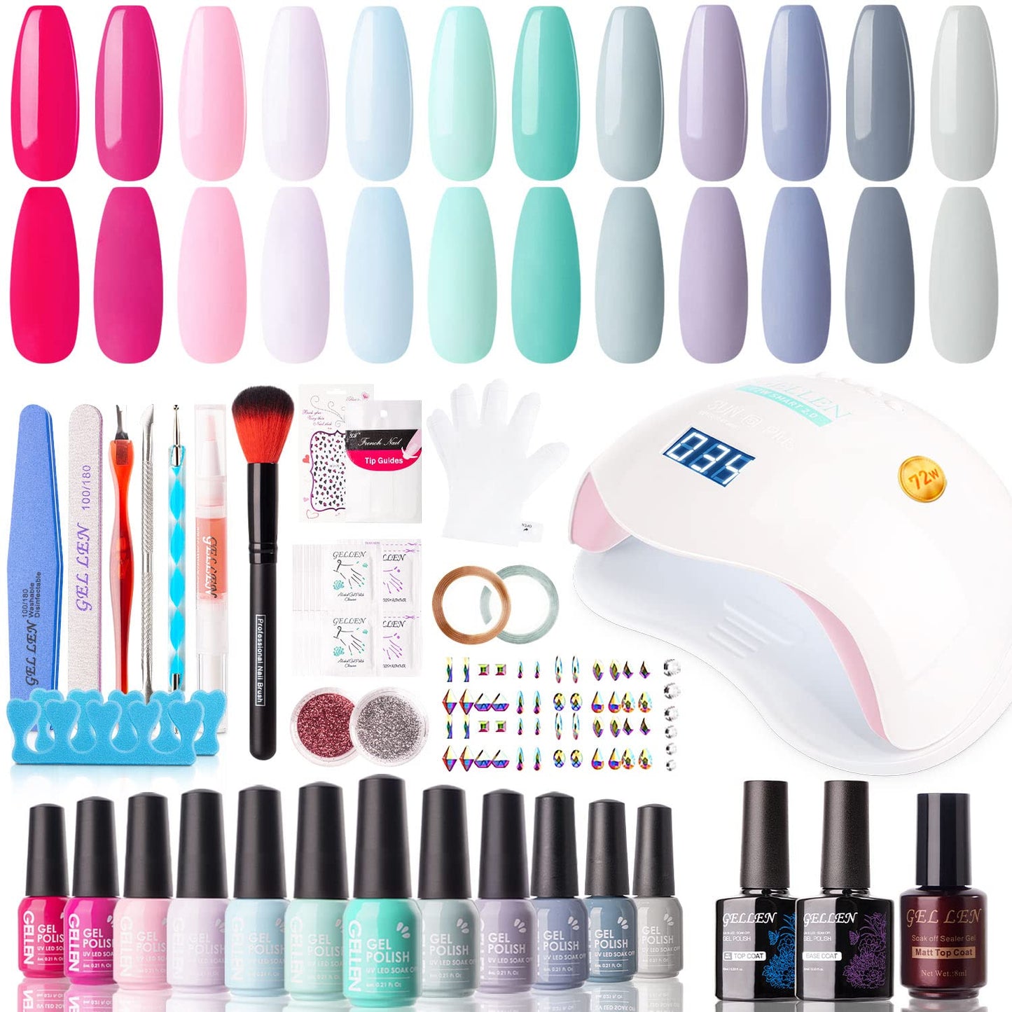 Gellen Gel Nail Polish Kit - 12 Trendy Colors with 72W UV LED Nail Dryer | All-In-One Manicure Set