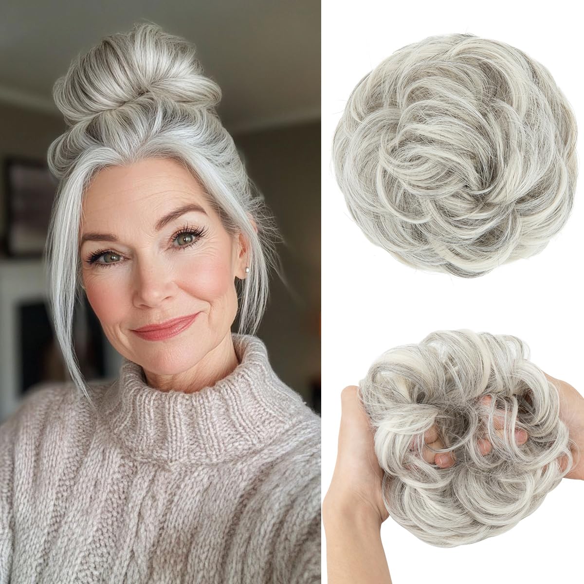 Large Messy Bun Hair Piece - Wavy Curly Synthetic Chignon Ponytail Extensions | Thick Updo in Light Auburn