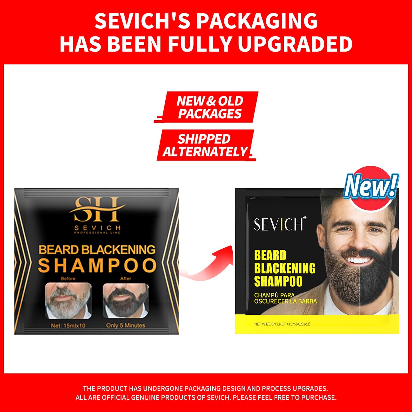 SEVICH Beard Blackening Shampoo for Men - Instant Natural Black Color, Anti-Hair Loss Formula, 10x15ml Travel-Friendly Packets | Safe & Gentle Beard Dye with Nourishing Care