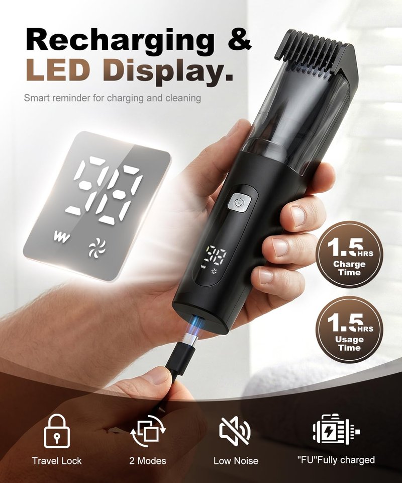 TEPOTZ Vacuum Beard Trimmer for Men, No Mess Trimming, 40 Adjustable Lengths Dial, Smooth Ceramic Blade for Sensitive Skin, Waterproof Wet/Dry, LED Display, USB-C Grooming Kit