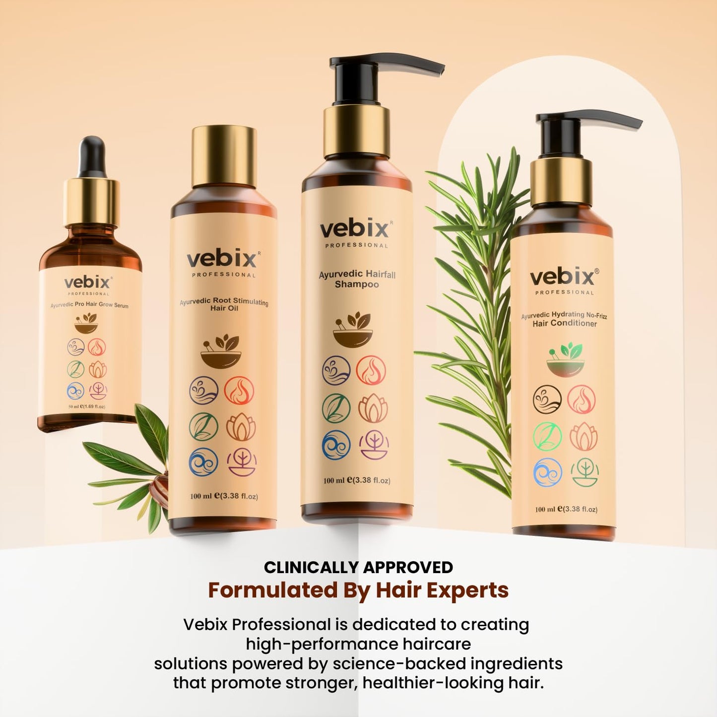 VebixProfessional Customized HairFall Control Regimen Ayurvedic 4 Product Kit | Anti Hairfall Shampoo - Hair Growth Oil, Keratin Conditioner & Hair Growth Serum | All Hair Types (11.85 Fl.oz)