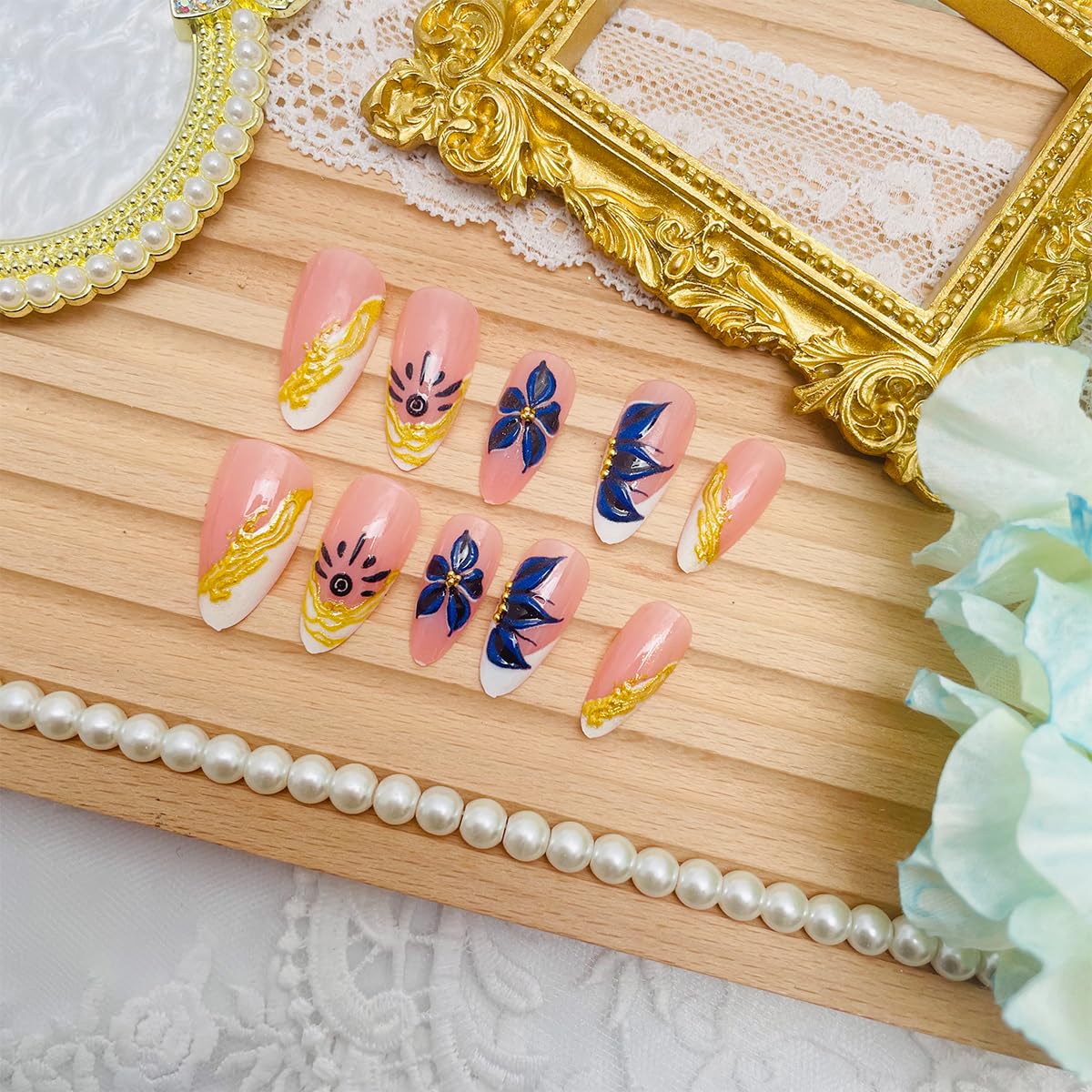 Blue Floral Press-On Nails - Almond Shape Chrome Gold French Tip | 24 Pcs Medium Length Full Cover Acrylic Art for Weddings & Daily Use