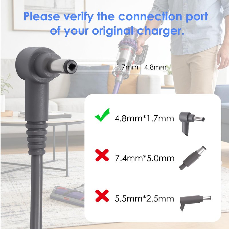 30.45V Replacement Charger for Dyson V10 V11 V12 V15 SV12 SV14 SV16 SV20 SV22 Absolute Animal Motorhead Cordless Vacuum Cleaner, 4.8×1.7mm DC Plug, Not Compatible with Dyson V6 V7 V8