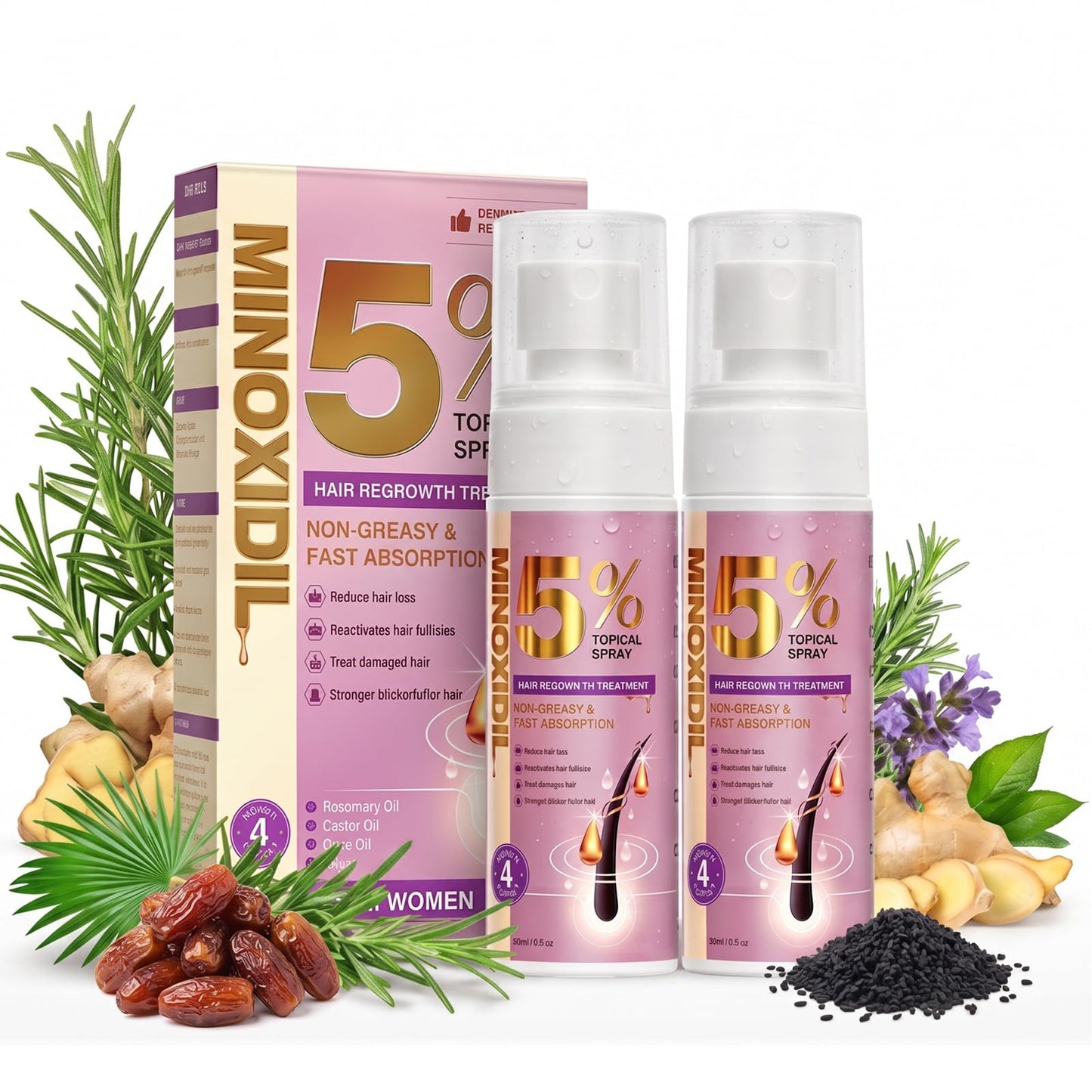 Women's Hair Growth Spray – 5% Minoxidil with Biotin & Rosemary Oil, Lightweight Oil-Free Formula, Clinically Tested for Thicker, Stronger Hair, 2 x 60 ml Bottles