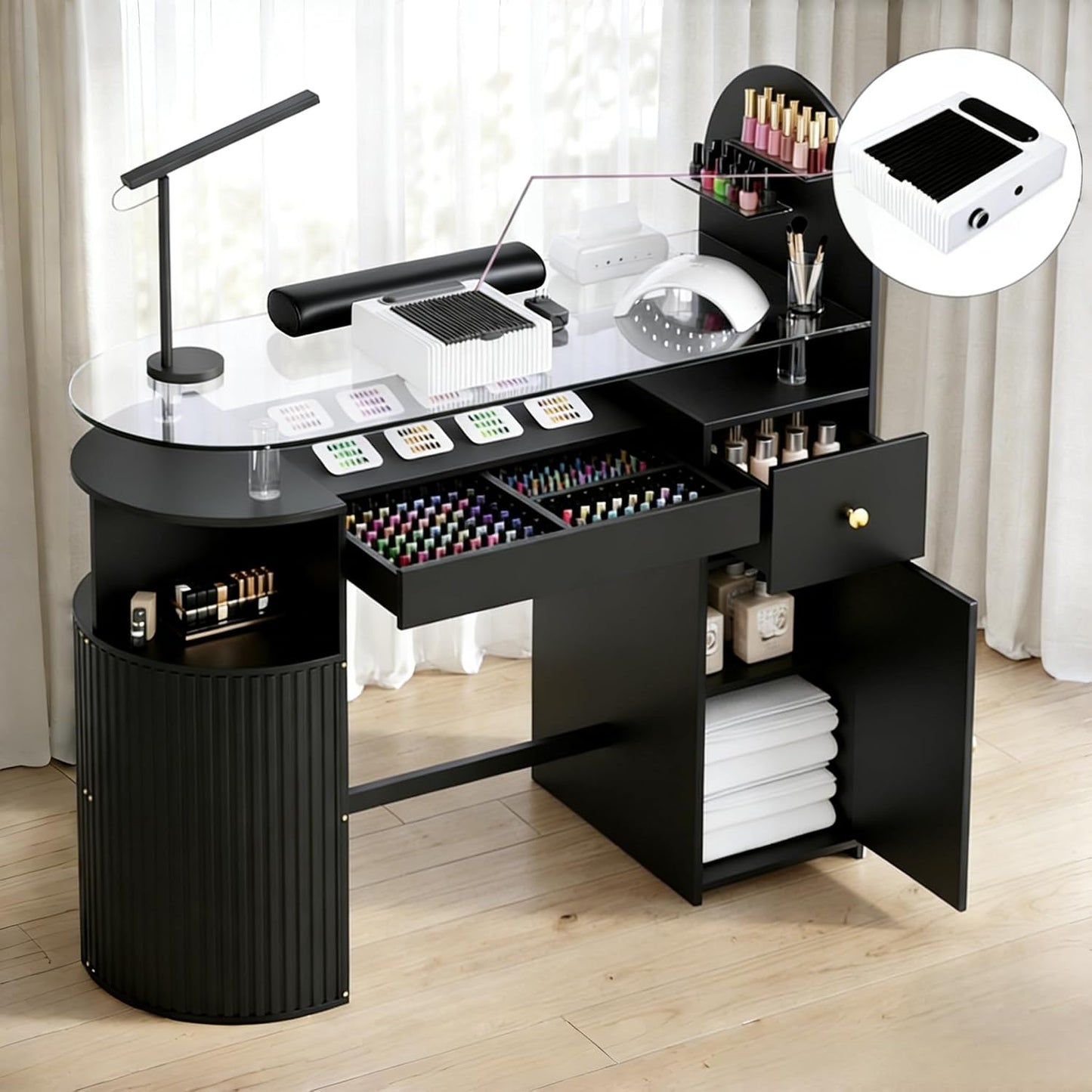 Professional Manicure Table with Dust Collector - Tempered Glass Top & Storage Drawer | Nail Salon Workstation (White)