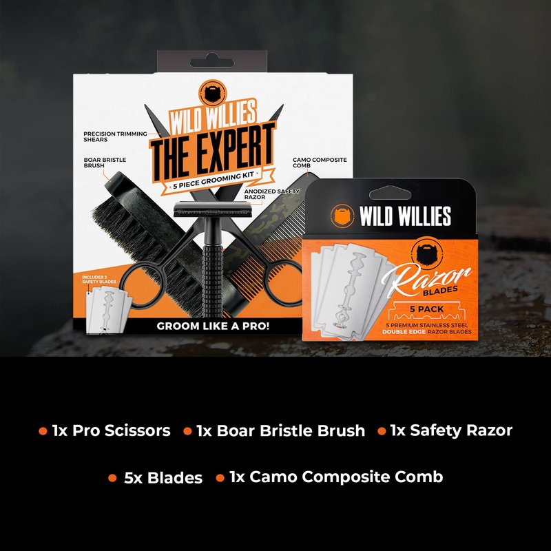 Wild Willies Expert Beard Grooming Kit, 5-Piece Gift Set - Includes Beard Comb, Boar Bristle Beard Brush, Safety Razor, 5 Double Edge Razor Blades & Grooming Shears - Beard Kit for Daily Use for Men