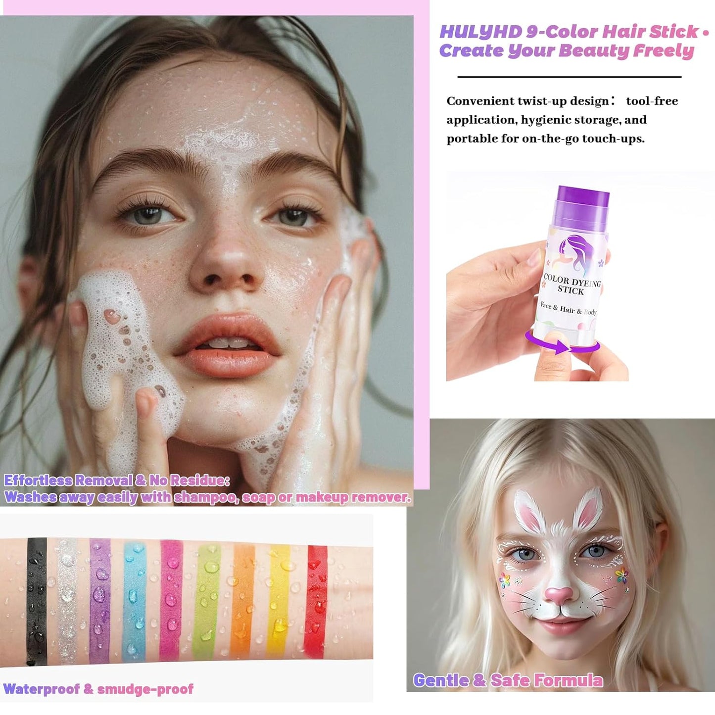 Temporary Pink Hair Color Stick - Waterproof & Washable Hair Dye for Festivals, Raves, Cosplay | Face & Body Paint