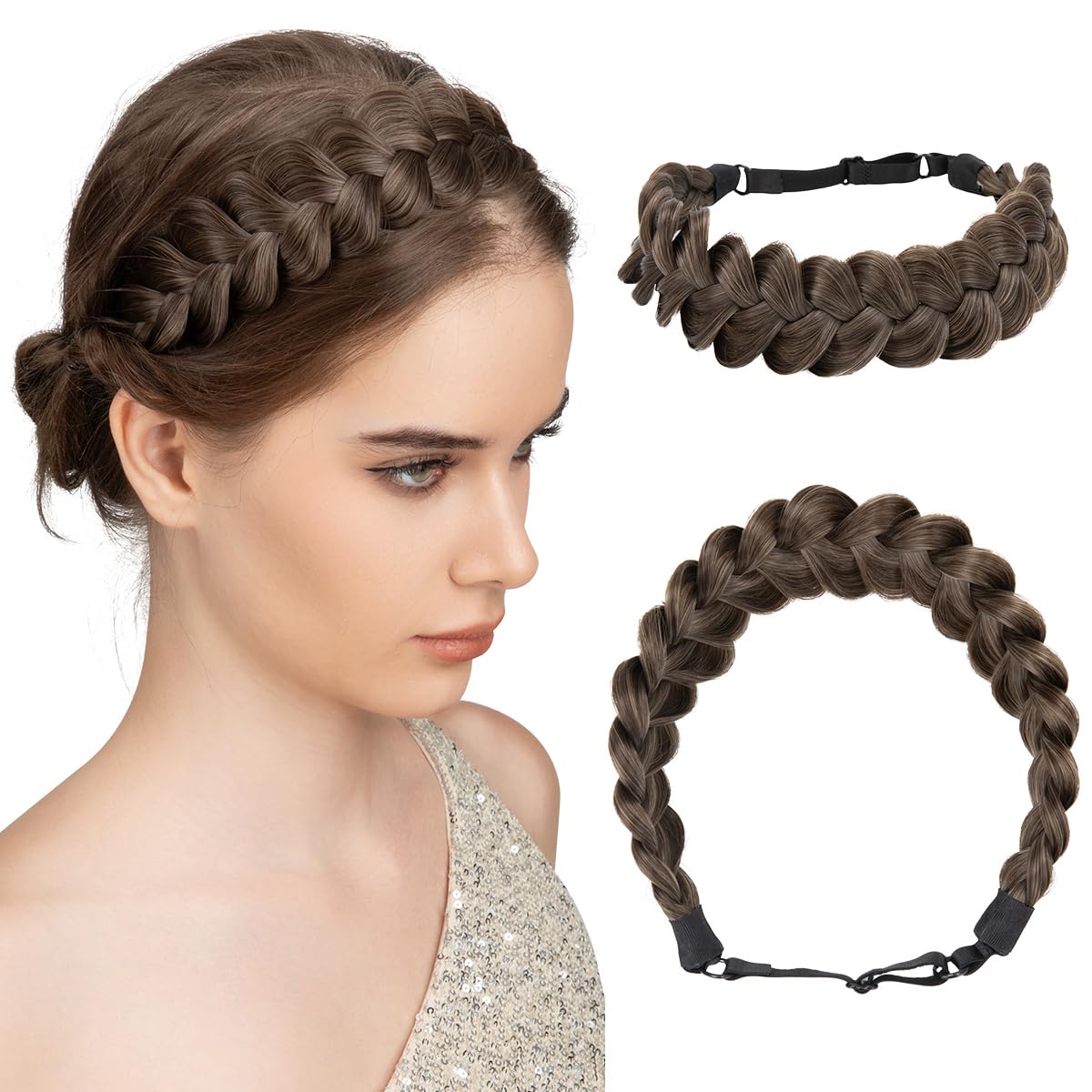 Wide Elastic Braided Headband for Women - Adjustable Synthetic Hair Hairpiece | Dirty Blonde