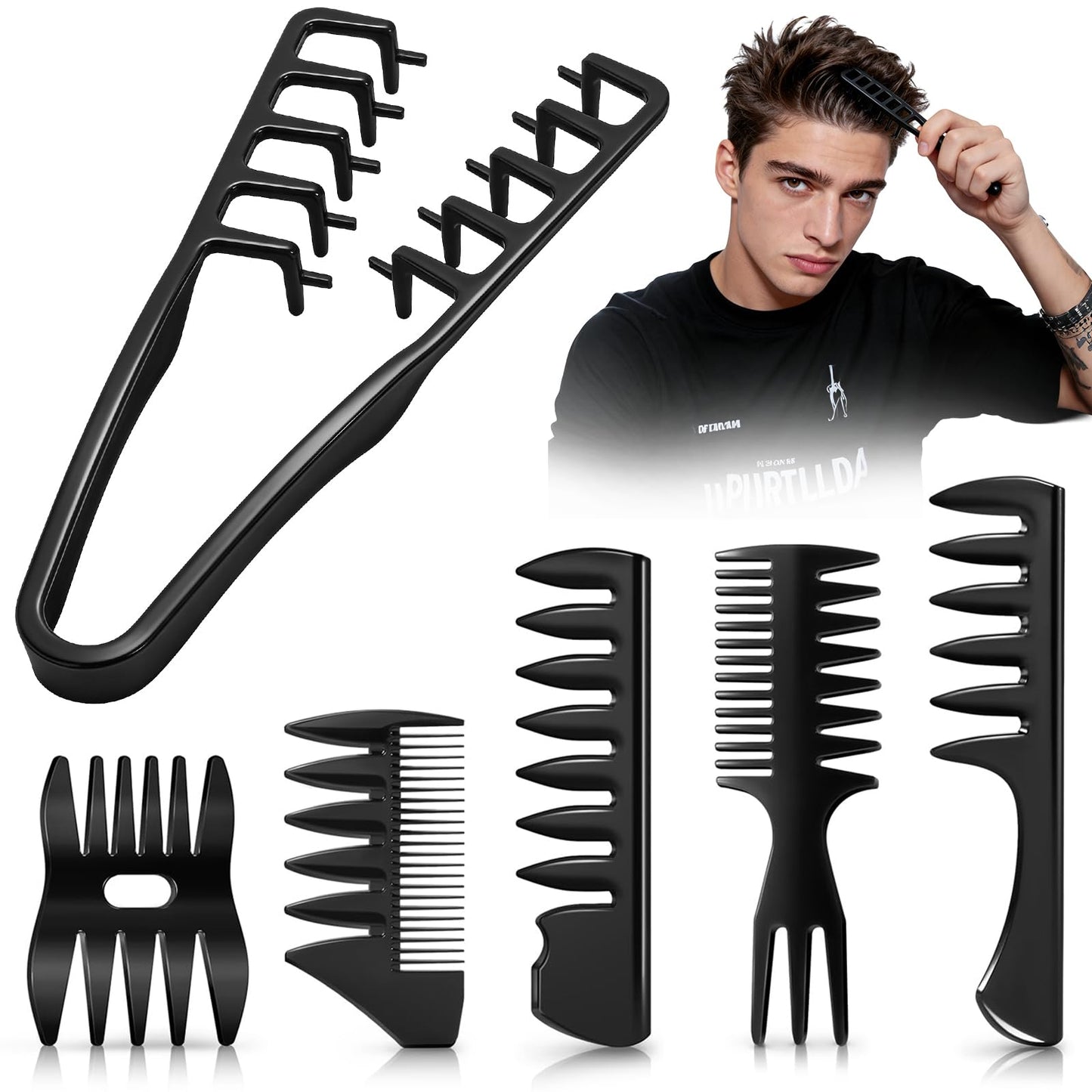 6PCS Texture Comb Wide Tooth Styling Combs for Women Men, Volumizing Texturizing Hair Comb Set for Volume Fringe Parting, ABS Plastic Barber Tool for Quiff Pompadour Slick Back