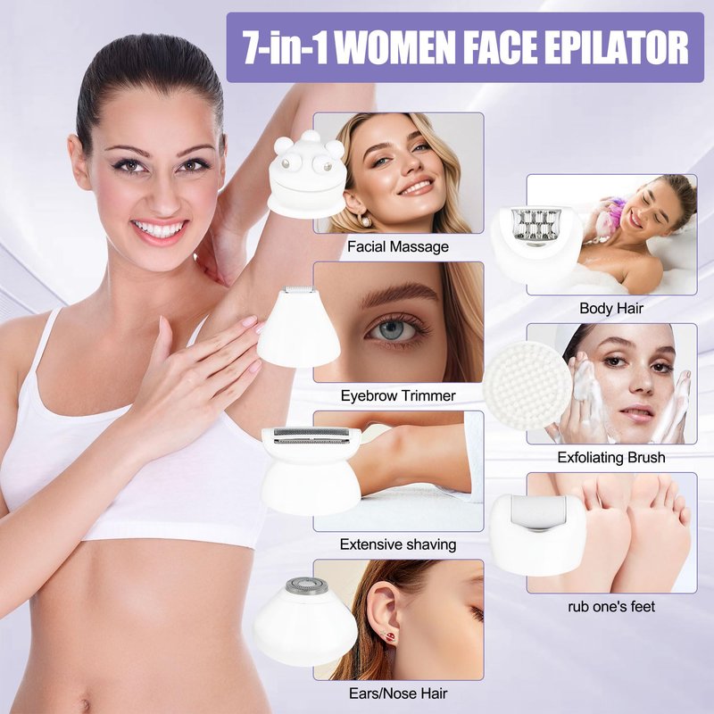 3.0 Women Face Epilator, 7-in-1 Rechargeable Facial Hair Remover with LED Battery Display, Facial Shaver for Face, Eyebrow, Nose Trimmer (White)