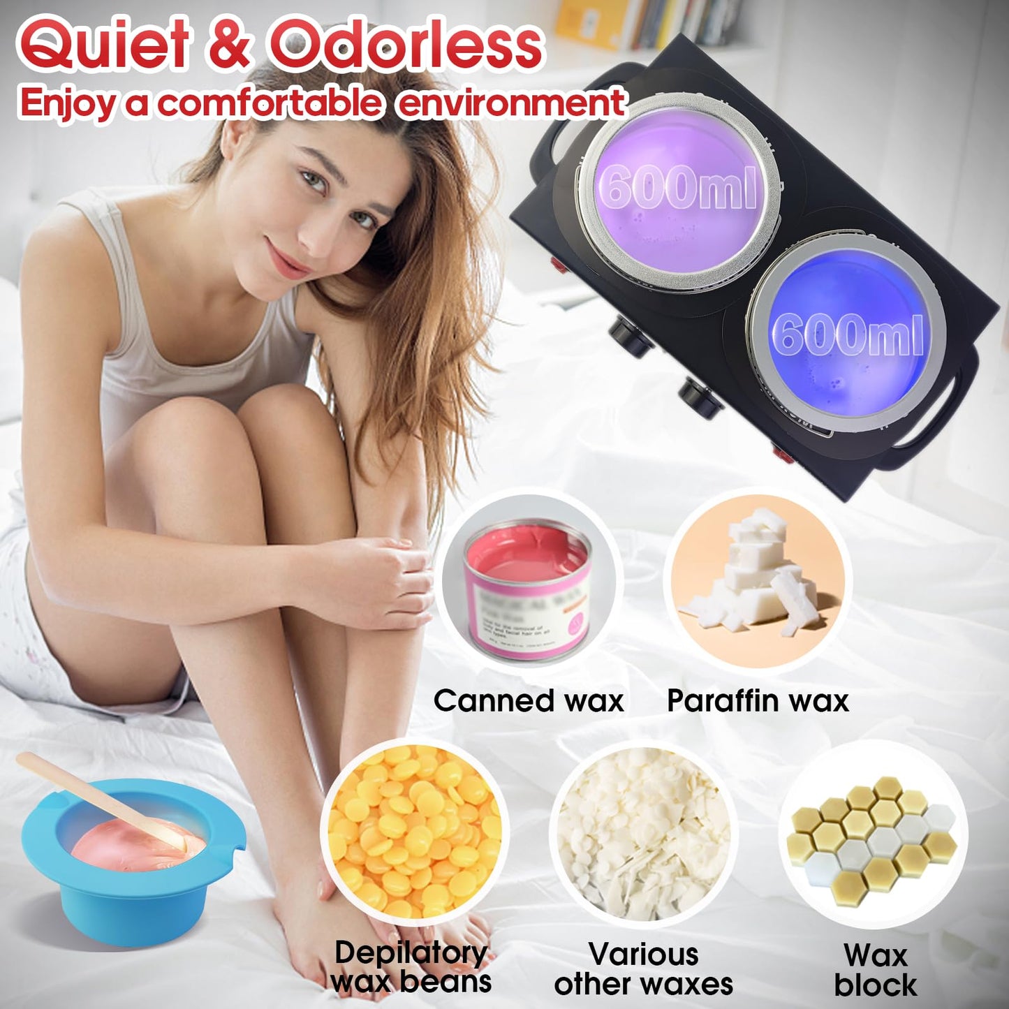 Adoture 600ML Wax Warmer Machine for Hair Removal - Professional Electric Wax Heater with Adjustable Temperature, Silicone Bowl, and 20 Wooden Wax Sticks for Women and Men