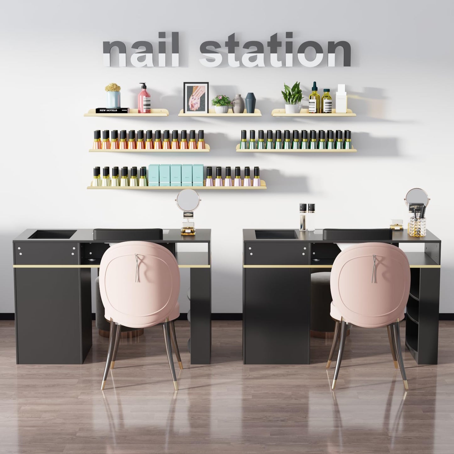 ELEVACHIC Manicure Table Nail Desk w/Electric Dust Collector, Glass Top Versatile Manicure Station for Nail Tech, Includes Wrist Cushion, Storage Cabinet & Drawers, Shelves, for Salon & Home, Black