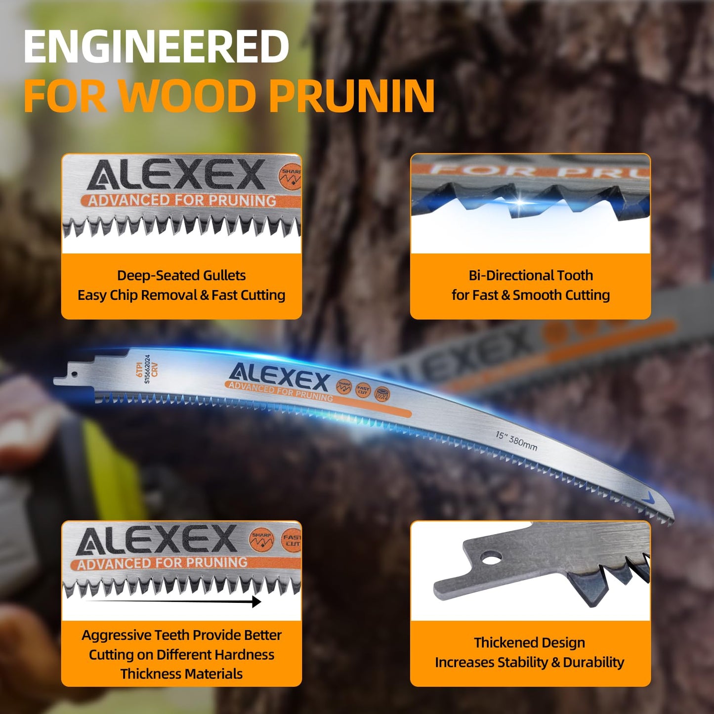 ALEXEX 6Pcs 15" Japanese Teeth Reciprocating Saw Blades for Wood Cutting and Tree Trimming, 6TPI Arc Curved Wood Sawzall Blades for PVC Pipe Cutting, Cr-V Sabre Sawzall Pruning Blades 15 Inch