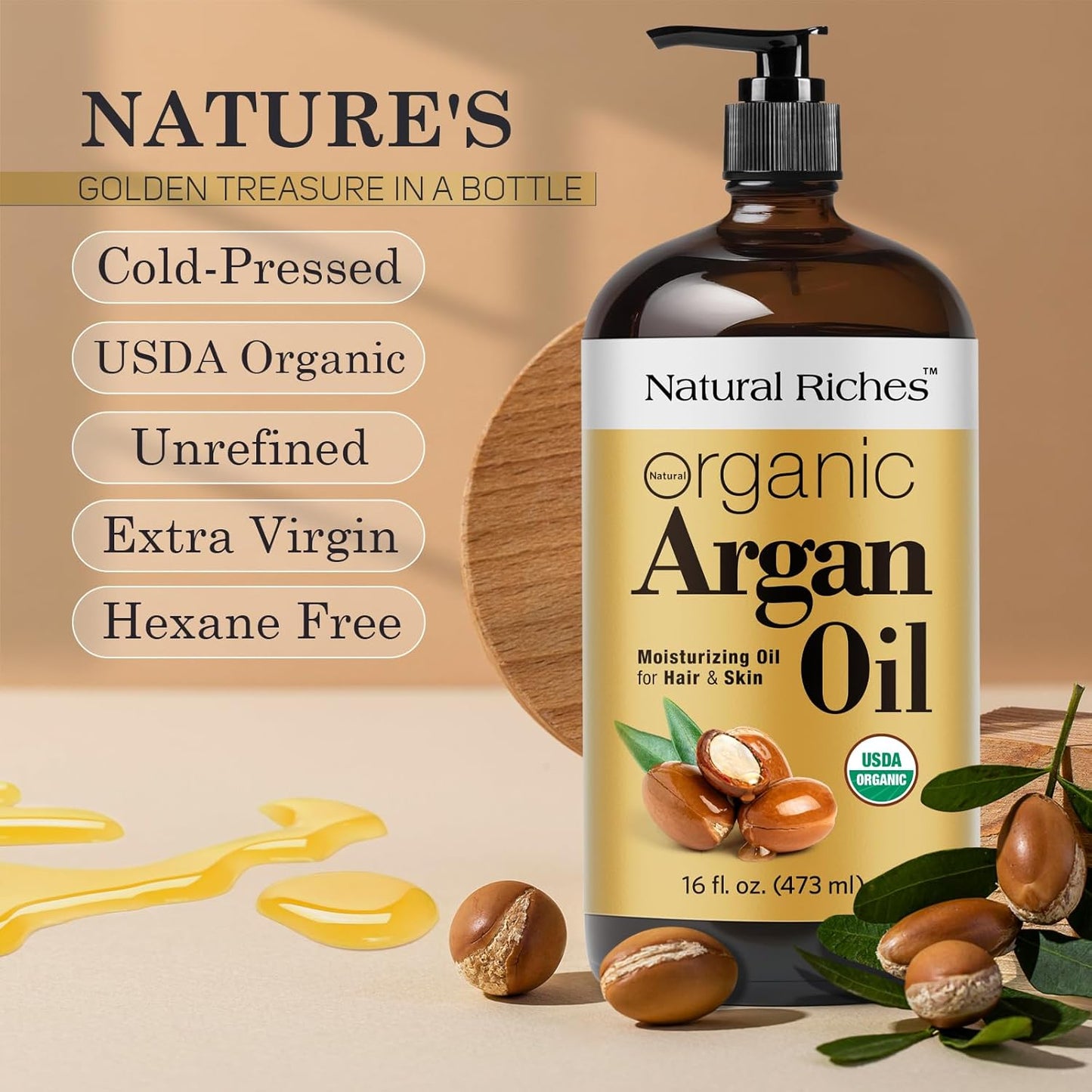 Organic Argan Oil - Cold Pressed Moisturizing Oil for Hair, Face & Skin - 16 Fl Oz Glass Bottle