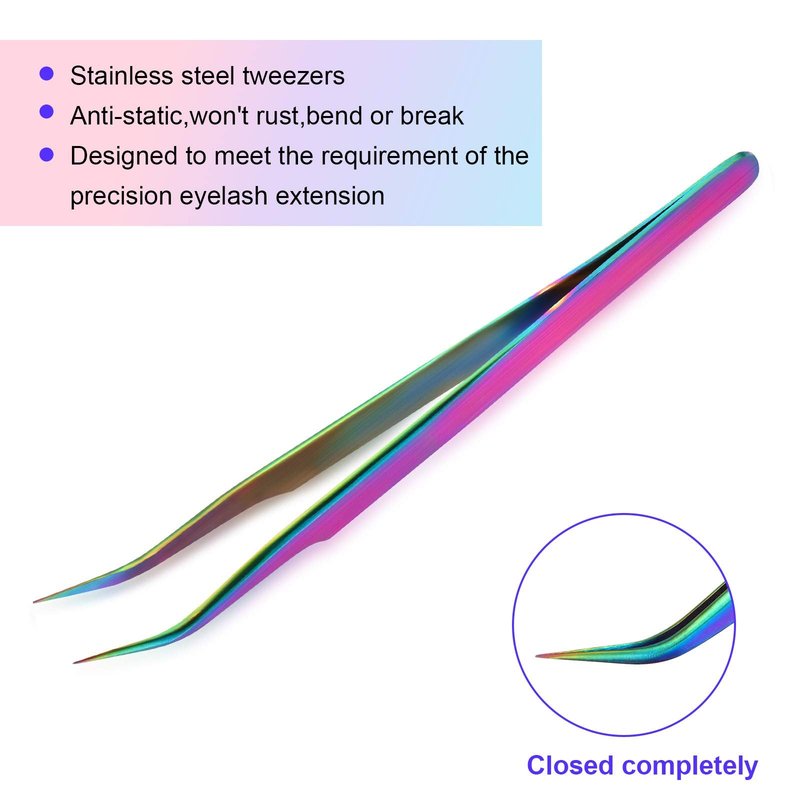 2 Pieces Straight and Curved Tip Tweezers Eyelash Extension Tweezers, Stainless Steel False Lash Application Tools (Iridescence)