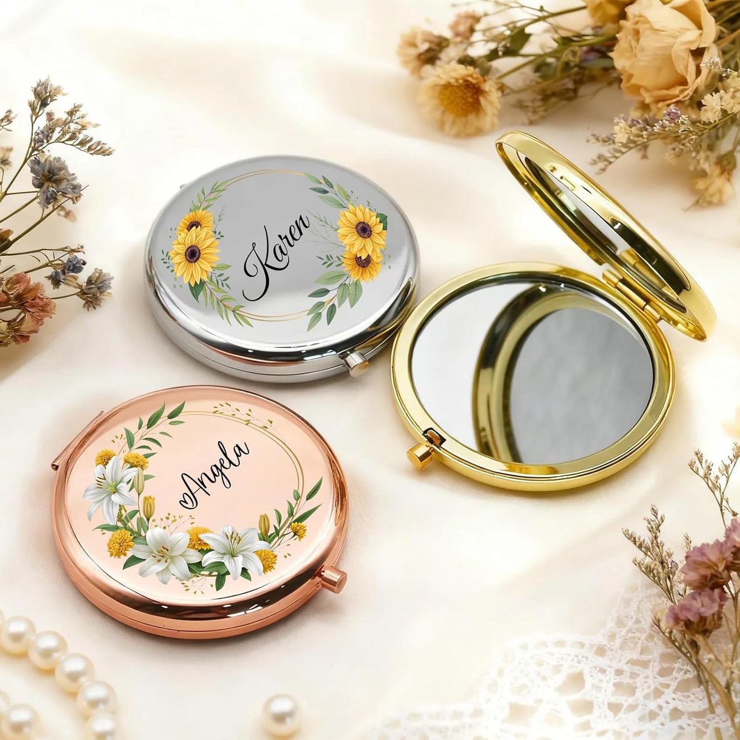 Personalized Travel Mirror - Floral Design, Double-Sided Handheld Compact | Perfect Gift for Mother's Day