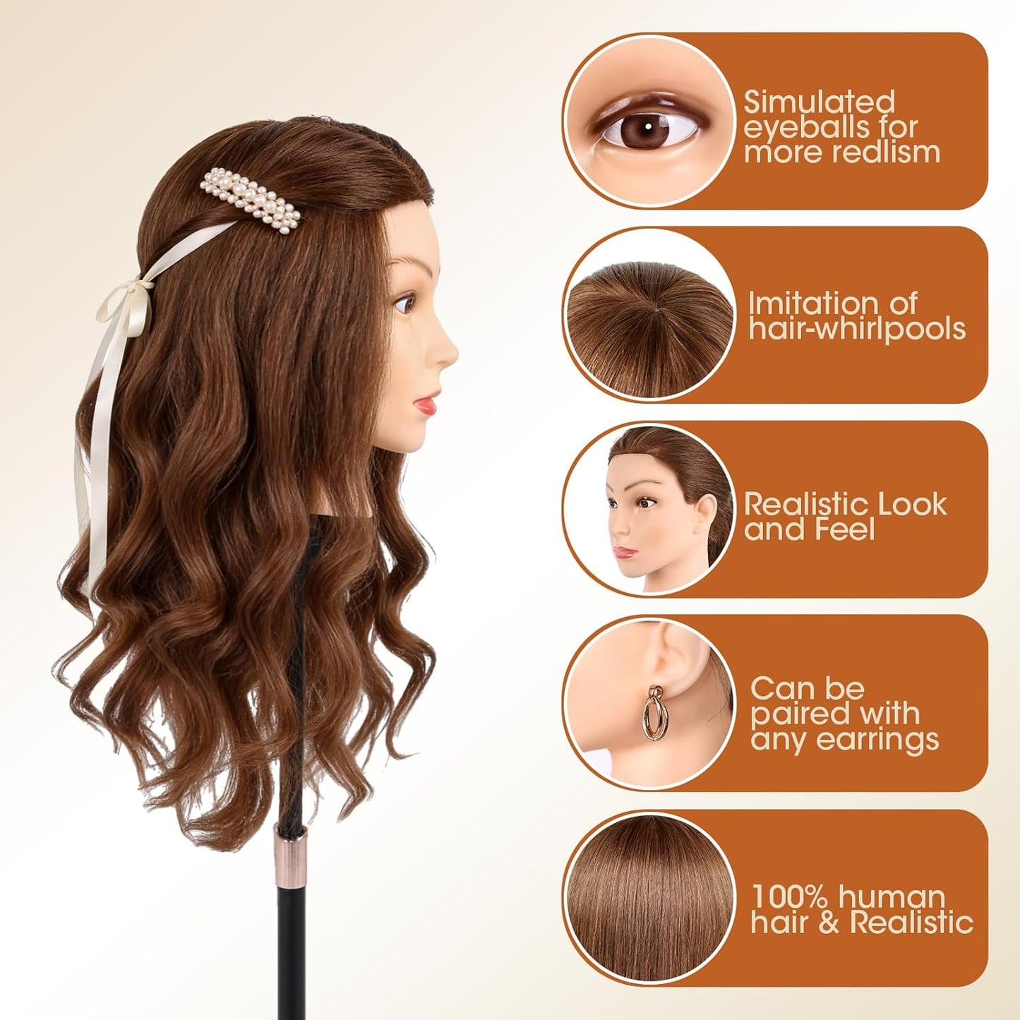 Realistic Human Hair Mannequin Head - 22” Dark Brown Cosmetology Training Doll with Clamp & Styling Tools