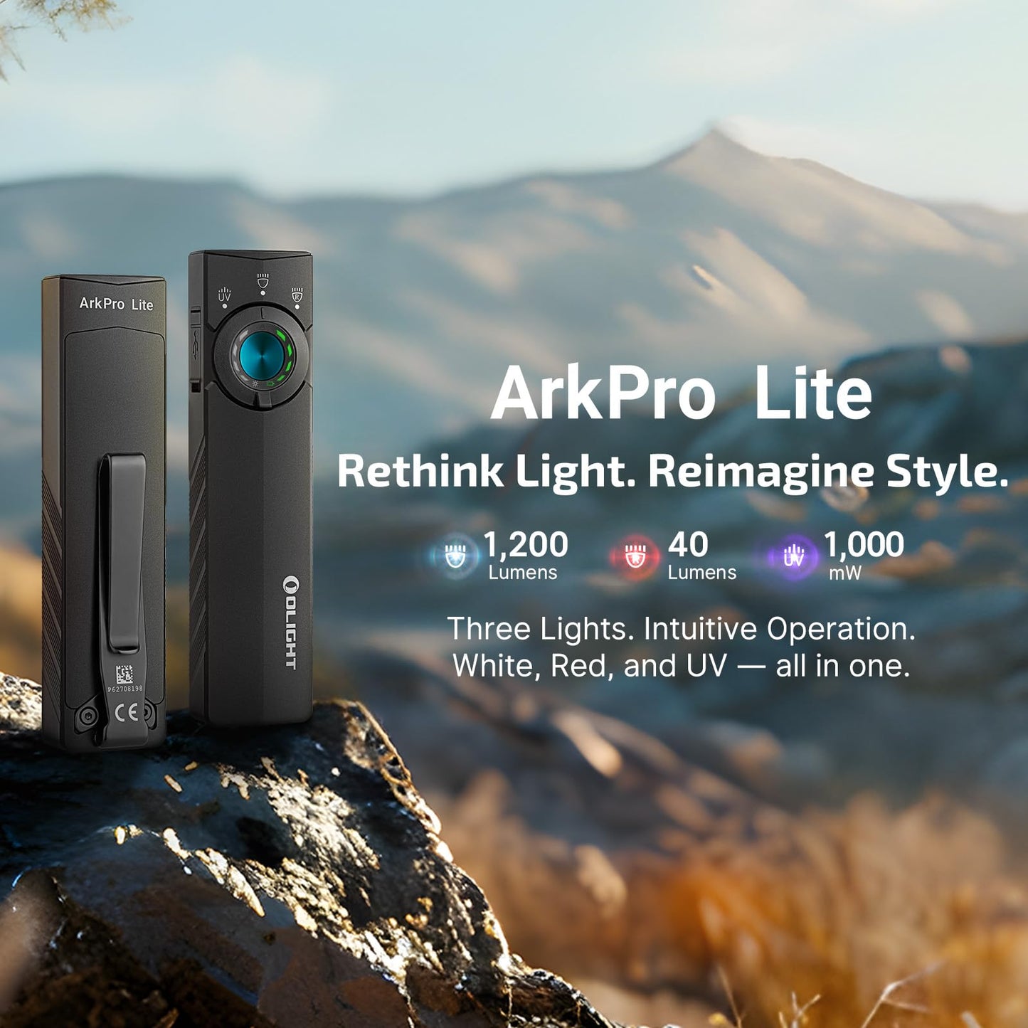 OLIGHT ArkPro Lite Flat Pocket Flashlight, Rechargeable Portable 1200 Lumens with White LED, Red Light, and UV Light, Triple Sources for Pet Urine Detection, Camping, Emergency, Working (Matte Black)