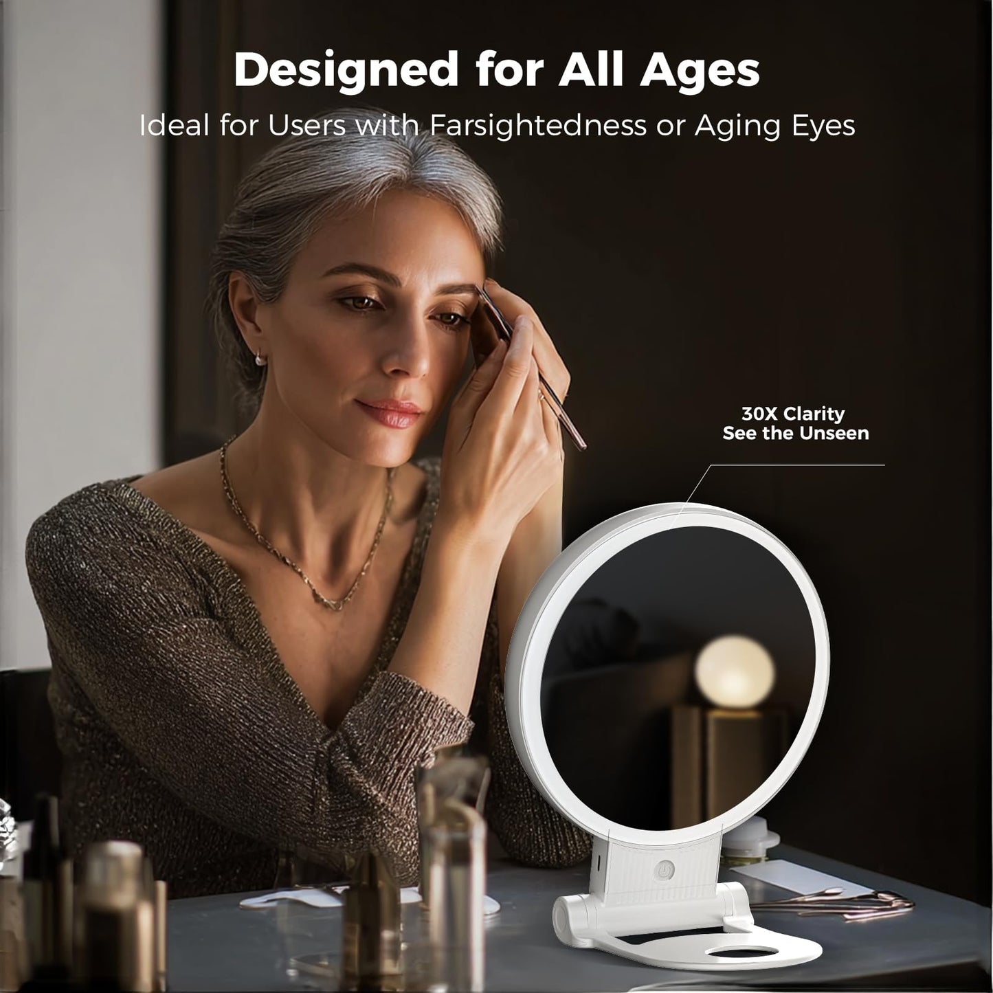 tubbede 1X/30X Lighted Makeup Mirror with Magnification, Double-Sided Switch, 3-Color Lights, 2000mAh Rechargeable, Adjustable Brightness for Vanity Table or Bathroom (White)