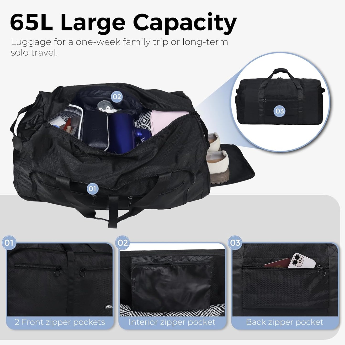 Duffle Bag 65L with Shoes Compartment - Foldable Travel Bag for Men & Women | Water-Repellent & Tear-Resistant (Black)