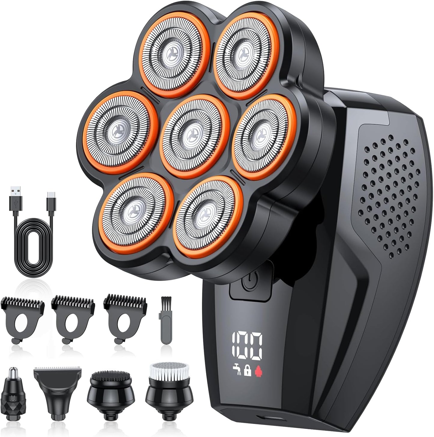 7D Electric Head Shaver for Bald Men - High-Speed 10000 RPM, LED Display & IPX7 Waterproof | Rechargeable Grooming Kit (Yellow)