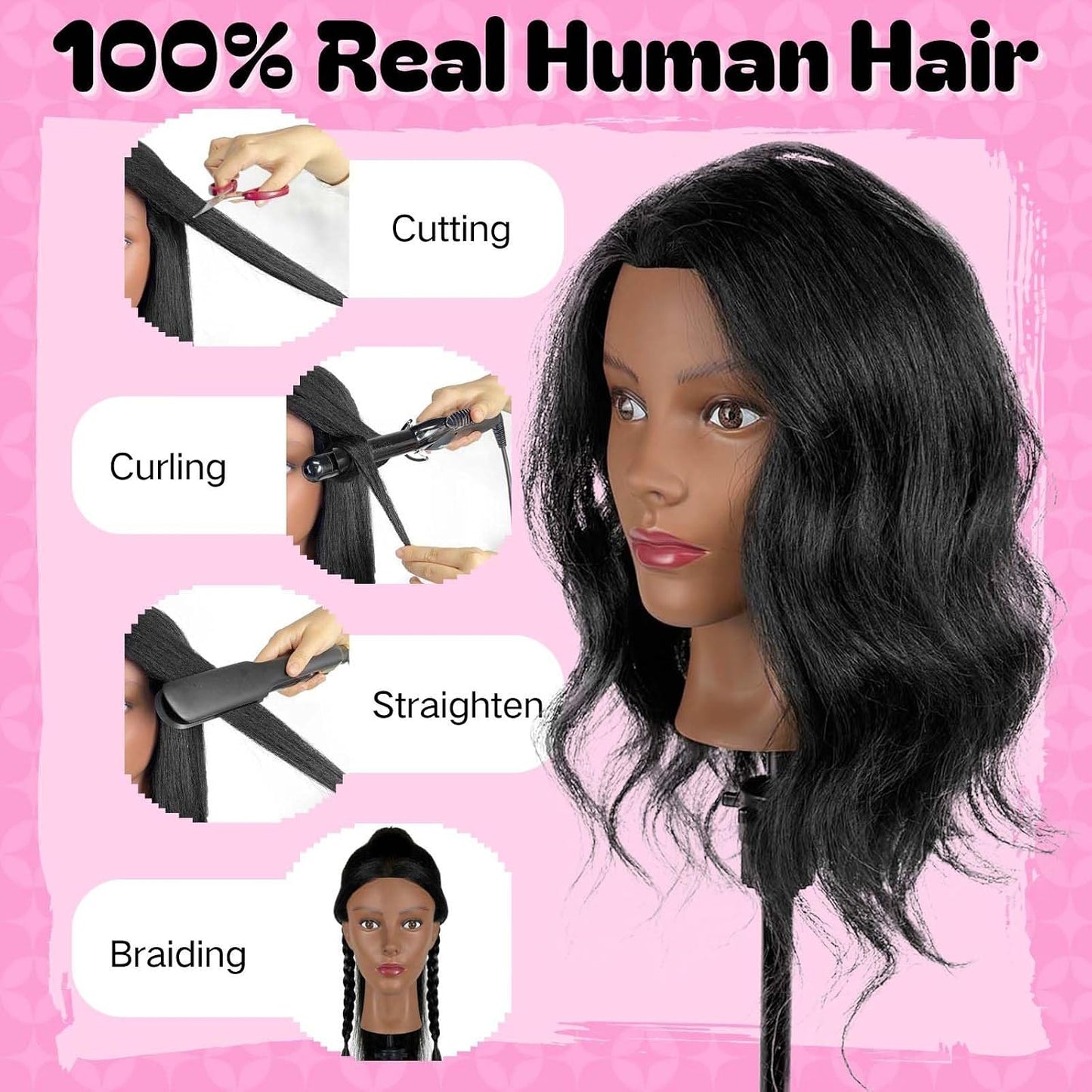 Human Hair Mannequin Head - 100% Real Hair Cosmetology Doll for Hairdresser Practice | 18 Inch
