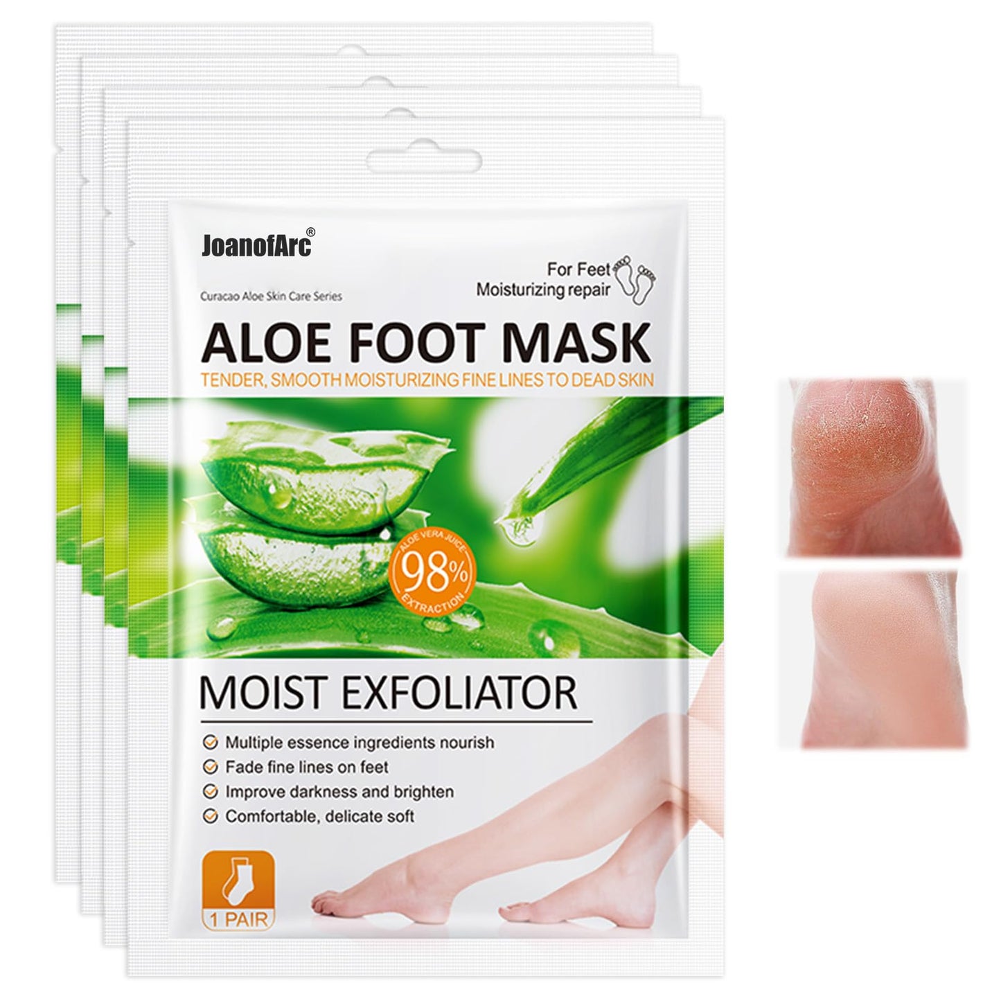 JoanofArc Moisturizing Foot Mask with Aloe Vera, Hydrating Foot Masks for Dry Cracked Feet, Foot Care Mask Skin Moisturizer for Soft and Smooth Touch Feet, Men Women, 4 Pairs
