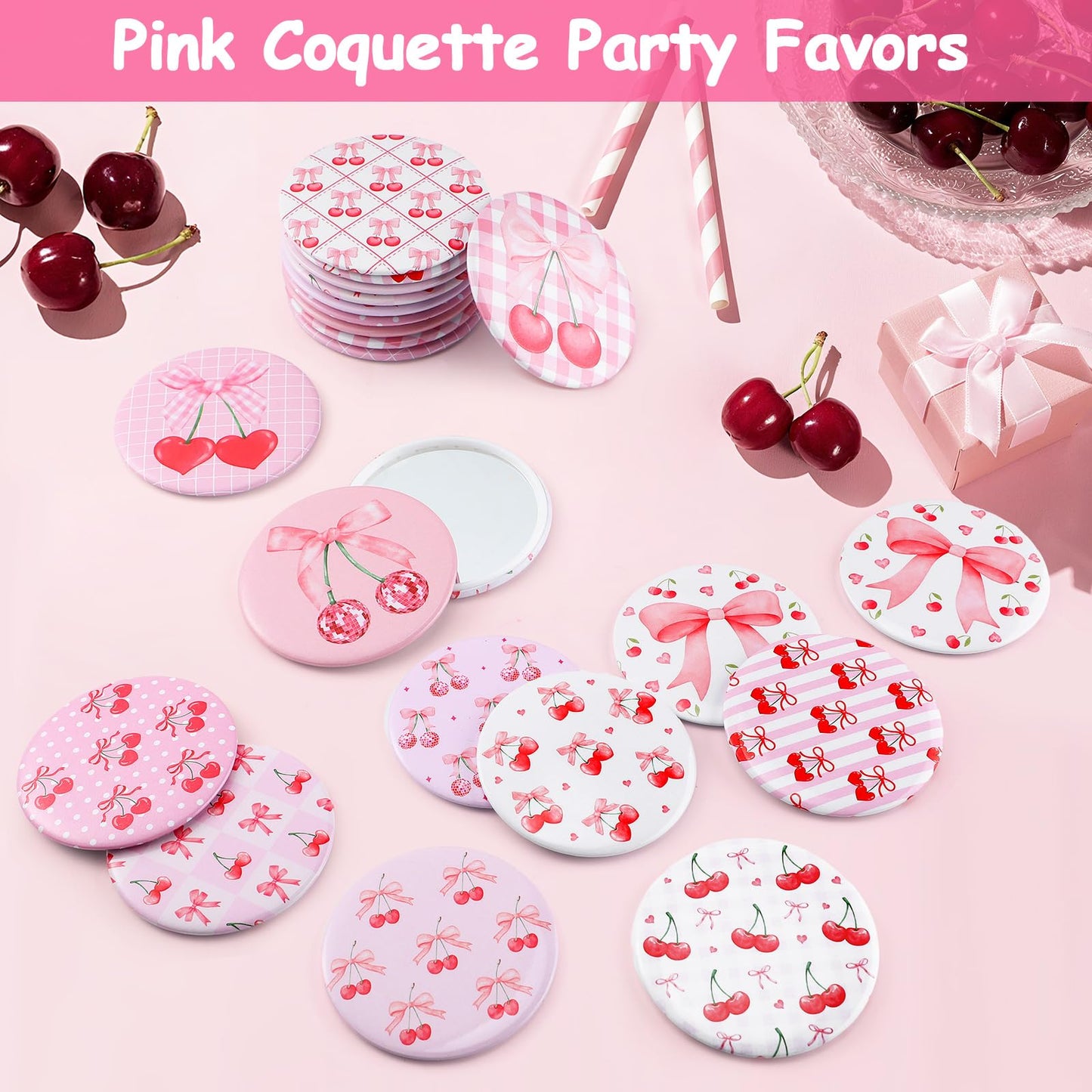 Weysat 24 Pcs Cherry Bow Compact Mirrors Bulk 2.7" Small Round Portable Pink Pocket Makeup Mirror for Girls Women Coquette Preppy Birthday Bridal Shower Weddings Party Favors Decorations